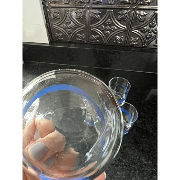 Libby MCM Glasses Juice Cups Blue Black line Swirl Set of 4 Vintage - Picture 6 of 9